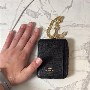 Coach Black Leather Card Wallet with Gold Chain